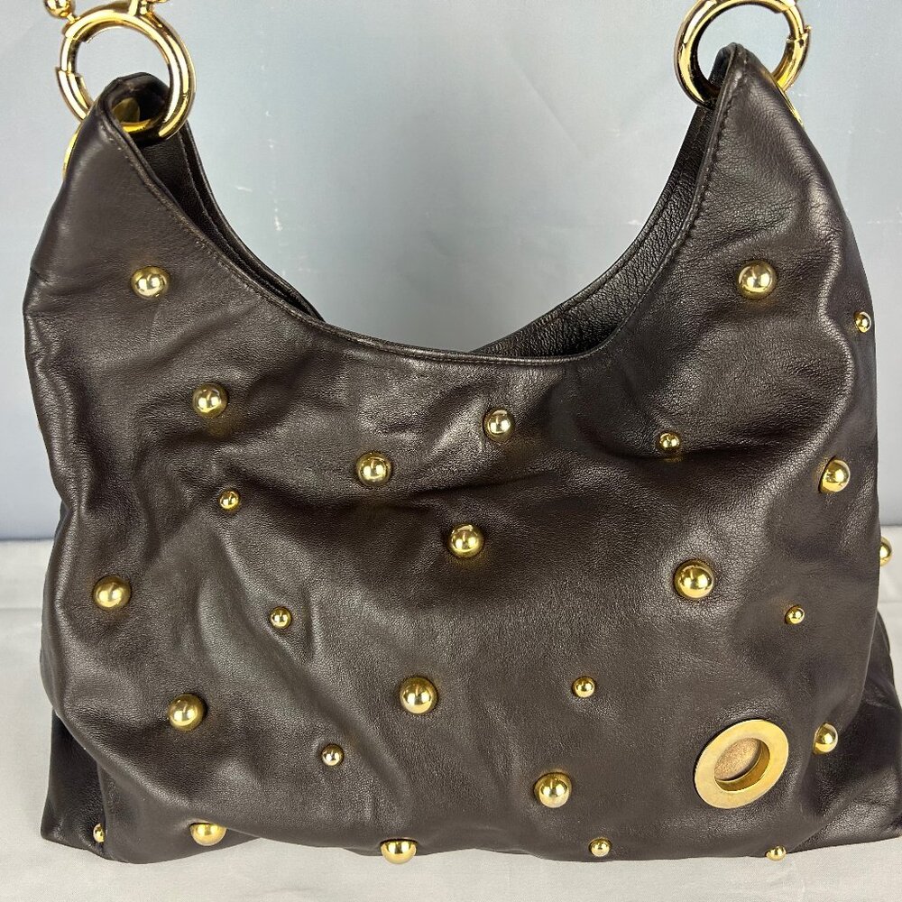 Goldenblue Studded Leather Handbag Hobo Oversize Shoulder Bag Soft Brown Leather